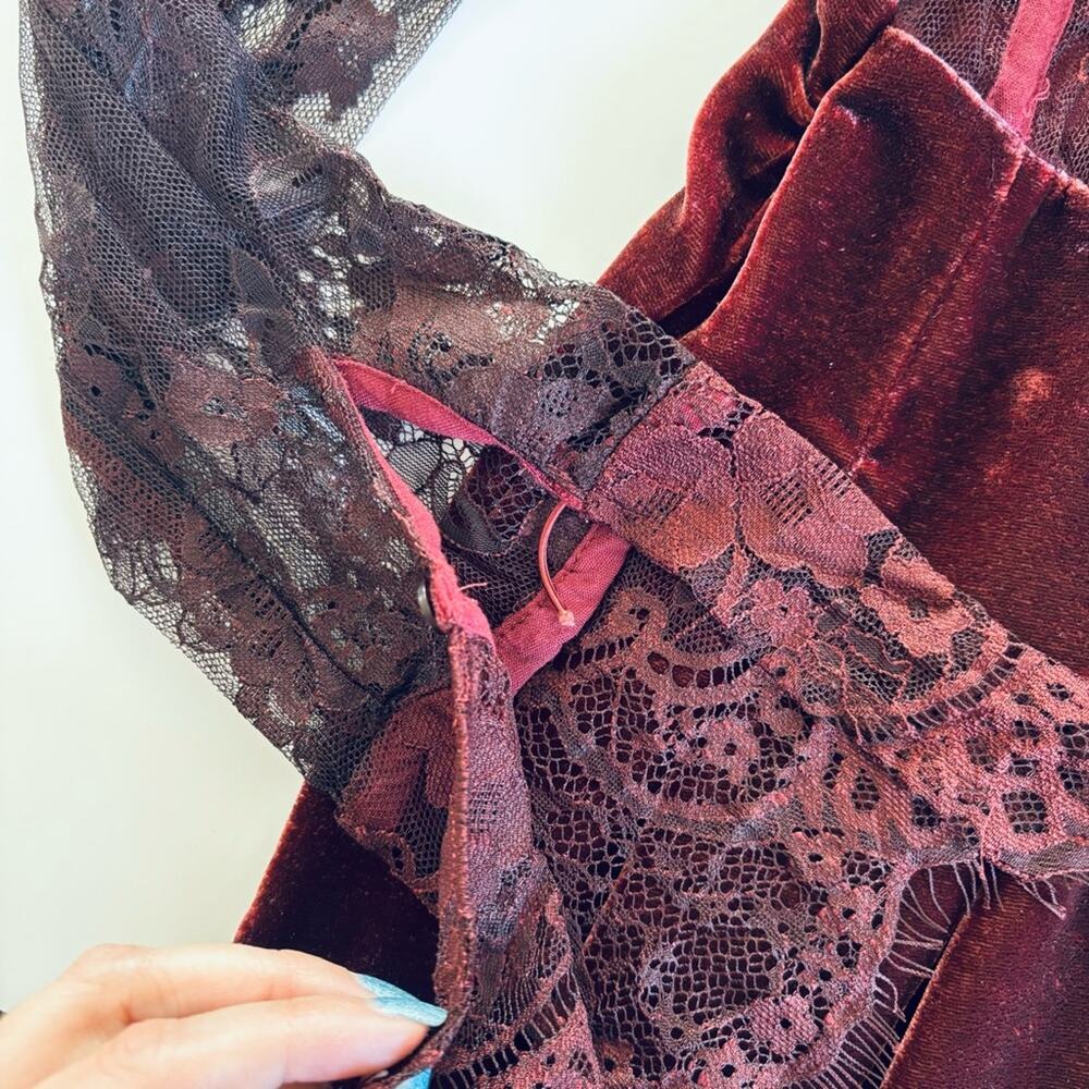 Free People Marlie Garnet Red Lace Long Sleeve Velvet Mini Dress Size Small - Picture 5 of 11
